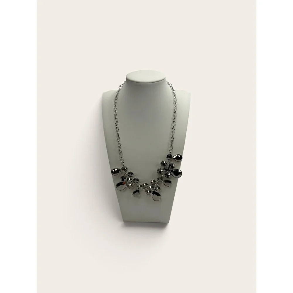 Dark Silver Tone Faceted Stone Statement Bib Necklace Gunmetal Grey Adjustable